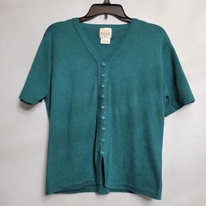 VTG Bentley Knit Short Sleeve V-Neck Sweater Top Teal Blue Grandmacore LARGE